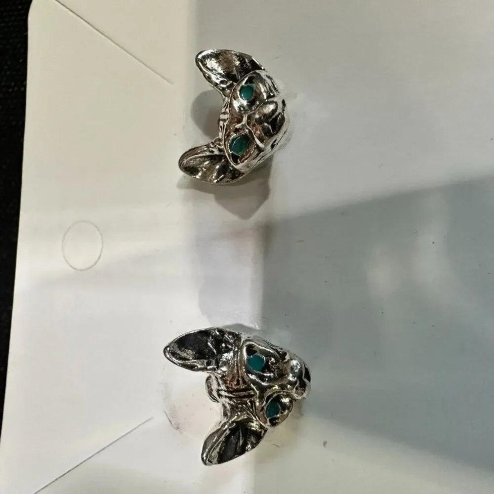 Cat Womens Earrings Silver Post Green Eyes Hairless Cats Kitten Heads NEW